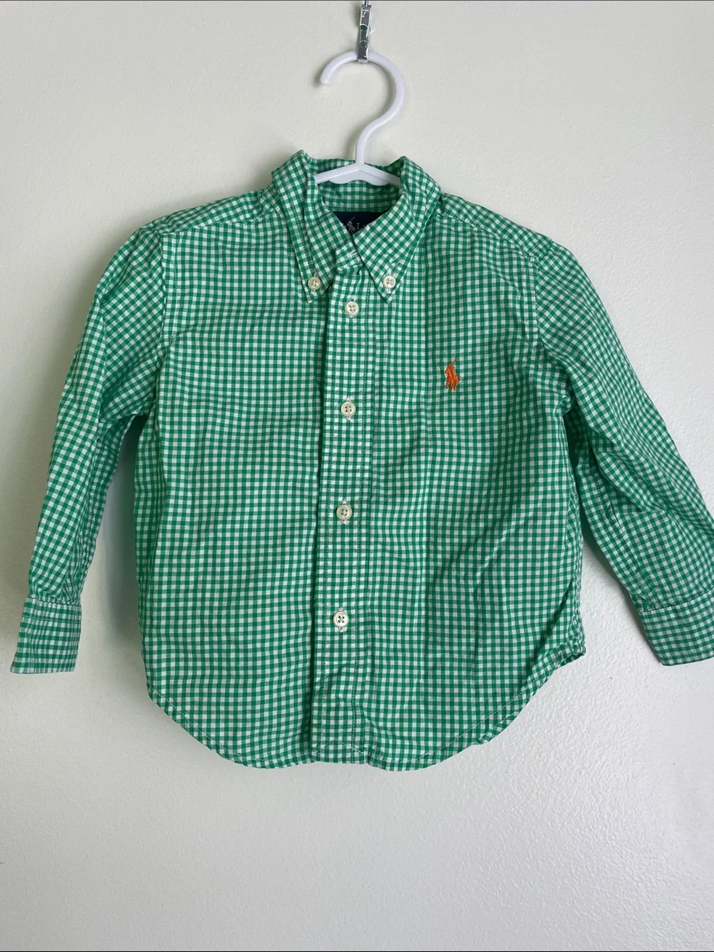 Ralph Lauren Green Gingham Button-Down Shirt with Orange Logo